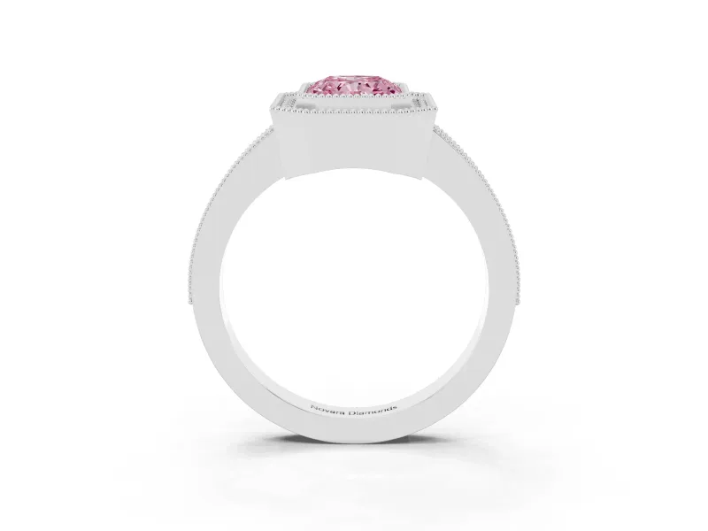 Fancy Pink Radiant Cut Diamond Halo Engagement Ring Set in White gold with Pavé Band and Round Halo Stones
