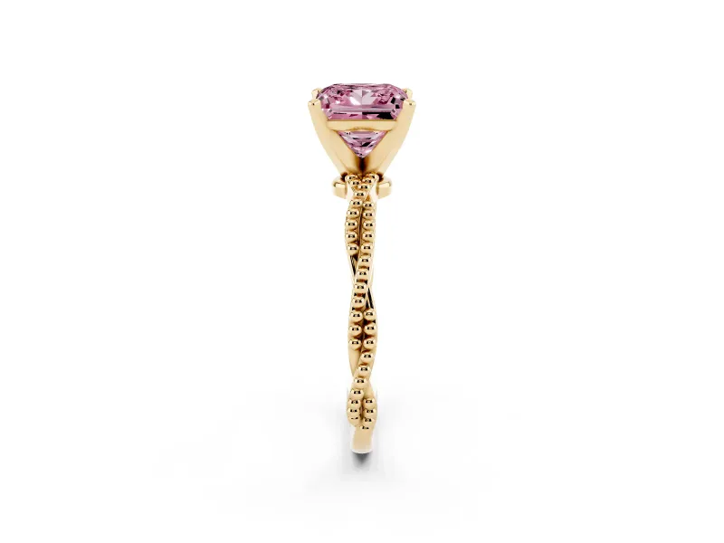 Princess Cut Twisted Engagement Ring Setting for a Fancy Pink Lab-Grown Diamond | Beaded Twist | Yellow Gold