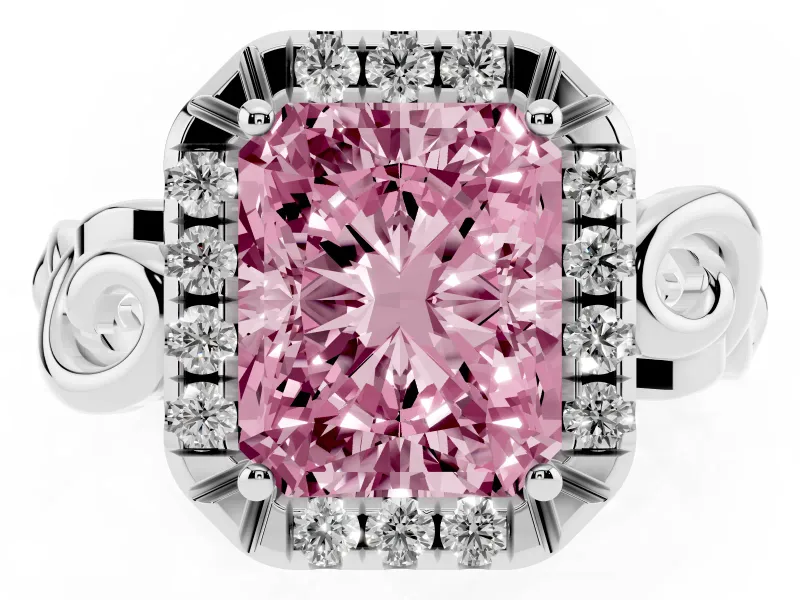 Fancy Pink Radiant Cut Diamond Halo Ring Set in Silver with Scrollwork Band and Prong Setting