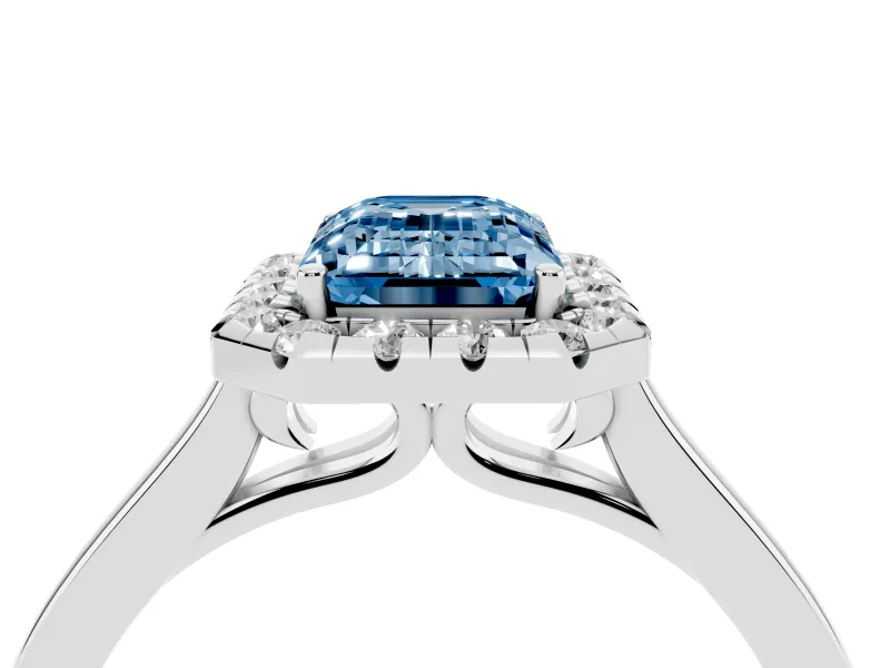 Fancy Blue Emerald Cut Halo Round Diamond Solitaire Ring Set in Silver with Pavé Band and Prong Setting