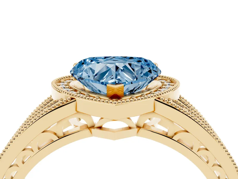Fancy Blue Heart Cut Diamond Halo Ring Set in Yellow gold with Accent Split Shank and Prong Setting
