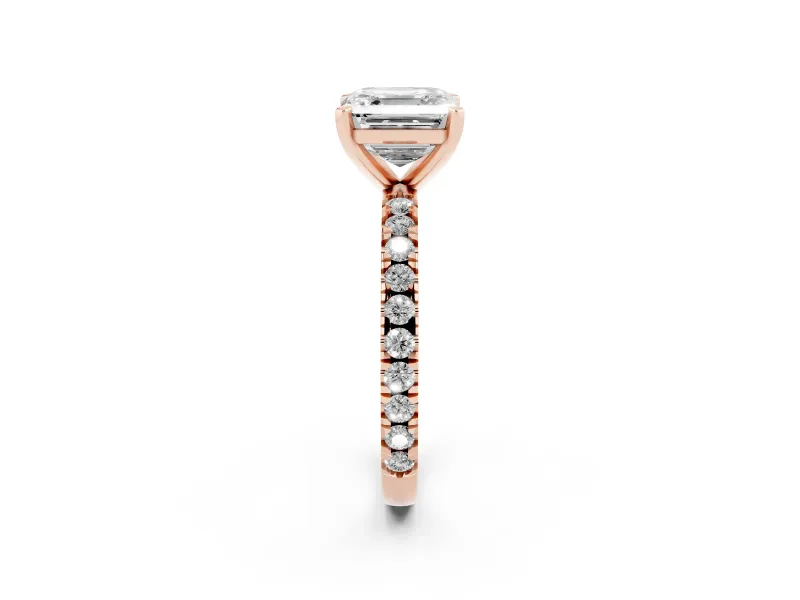 Asscher Cut Diamond Pavé Band Solitaire Set in Rose gold with Prong Setting