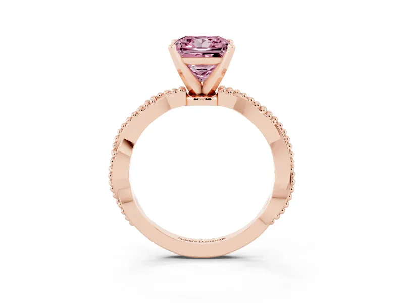 Fancy Pink Princess Cut Diamond Solitaire Ring Set in Rose gold with Twisted Band and Bead Prong Setting