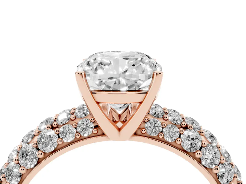 Cushion Cut Multi Row Pave Solitaire Engagement Ring Setting | Domed Shoulders | Rose Gold