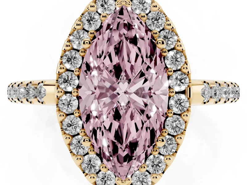 Marquise Pave Halo Engagement Ring Setting for a Fancy Pink Lab-Grown Diamond | Pave Band | Yellow Gold
