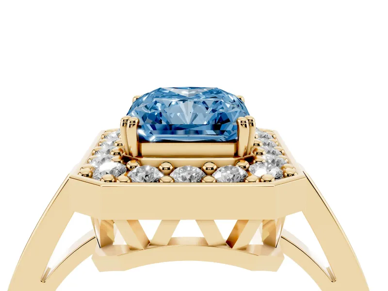 Radiant Cut Halo Engagement Ring Setting for a Fancy Blue Lab-Grown Diamond | Polished Halo Rim | Yellow Gold