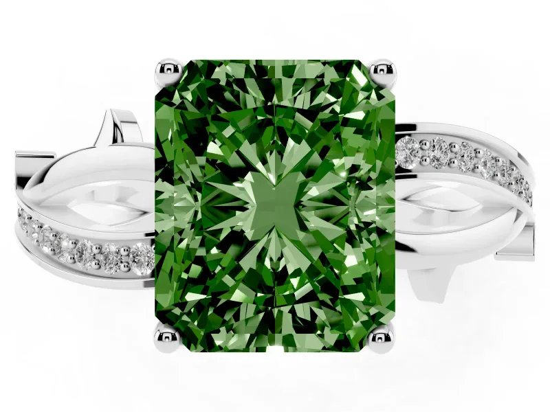 Radiant Cut Twisted Pavé Engagement Ring Setting for a Fancy Green Lab-Grown Diamond | Pavé and Plain Strands | Platinum