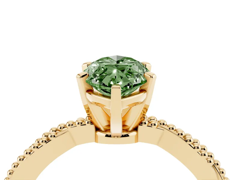 Fancy Green Marquise Cut Diamond Solitaire Ring Set in Yellow gold with Twisted Band and Bead Prong Setting
