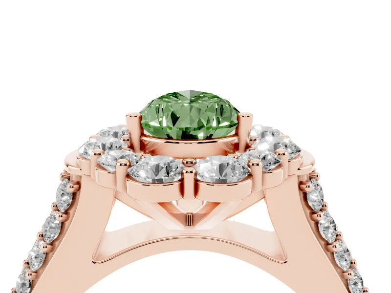 Fancy Green Pear Cut Diamond Halo Engagement Ring Set in Rose gold with Split Shank and Prong Setting