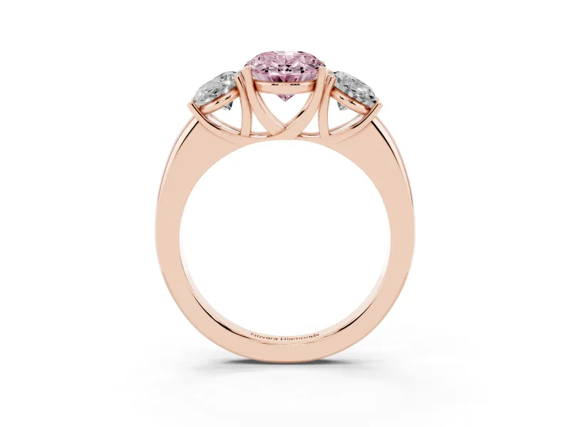 Fancy Pink Oval Cut Diamond Three-Stone Ring Set in Rose gold with Bold Center and Classic Band