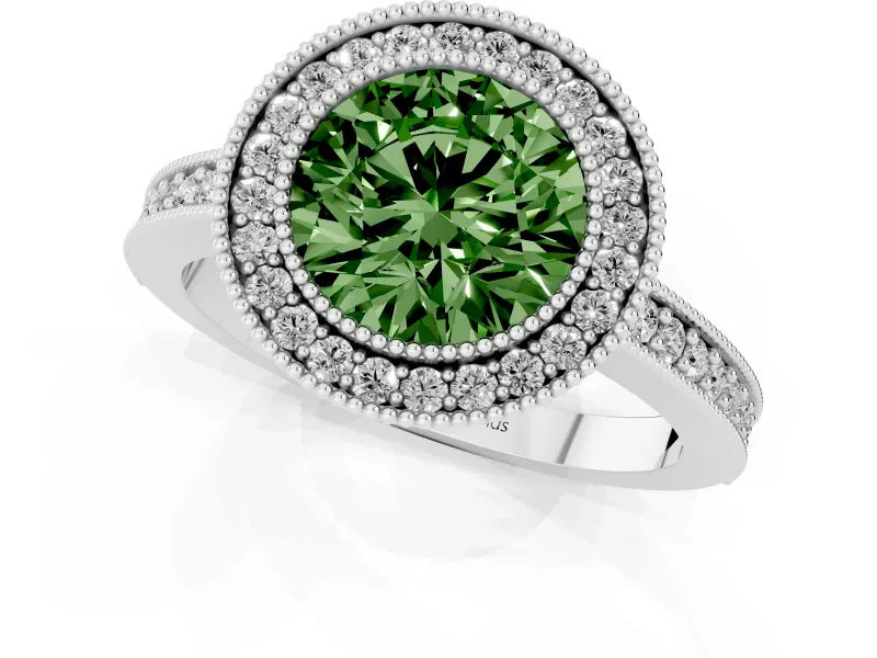 Fancy Green Round Cut Diamond Halo Engagement Ring Set in White gold with Pavé Band and Round Halo Stones