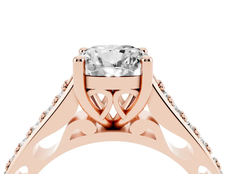 Cushion Cut Diamond Prong Set Solitaire Engagement Ring Set in Rose gold with Pavé Band