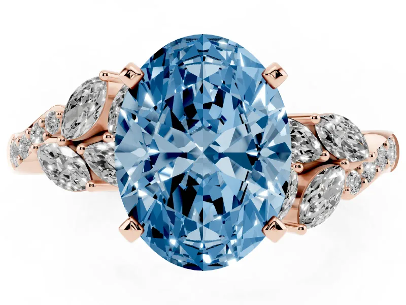 Fancy Blue Oval Cut Diamond Solitaire Ring Set in Rose gold with Marquise Twist Band and Prong Setting