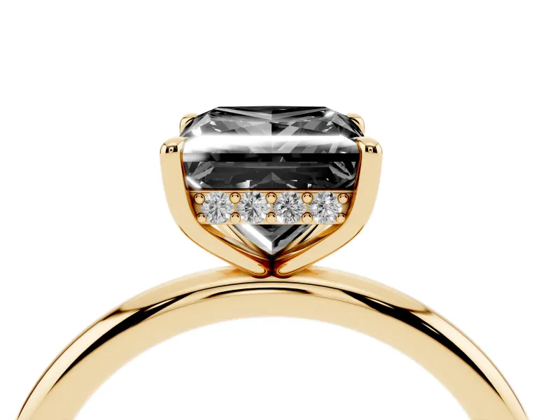 Princess Cut Hidden Halo Engagement Ring Setting for a Black Center | Thin Plain Band | Yellow Gold
