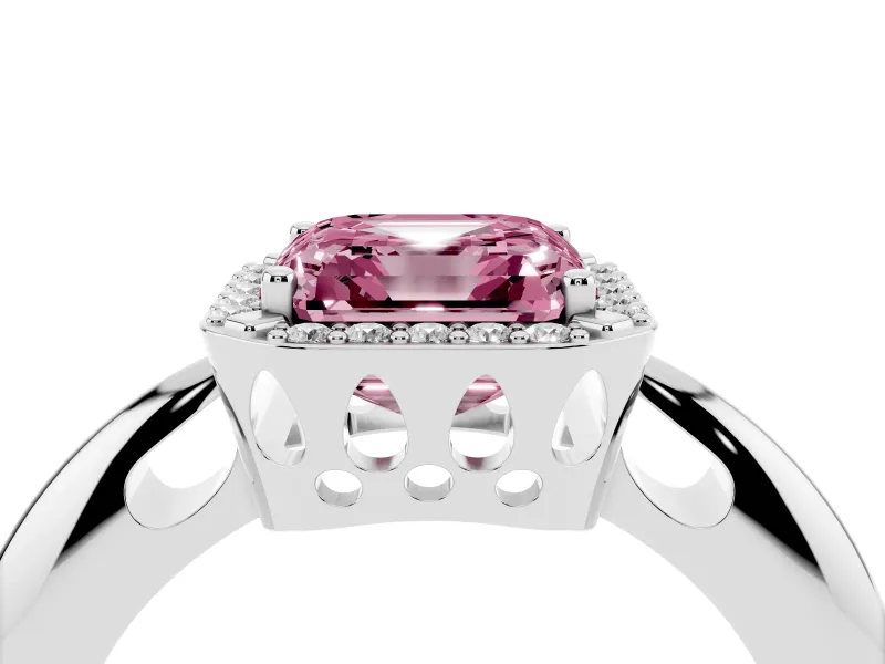 Fancy Pink Asscher Cut Diamond Halo Engagement Ring Set in White gold with Plain Split Shank and Prong Setting