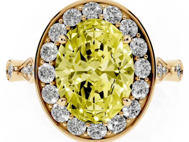 Oval Vintage Halo Engagement Ring Setting for a Fancy Yellow Lab-Grown Diamond | Bezel Station Shoulders | Yellow Gold