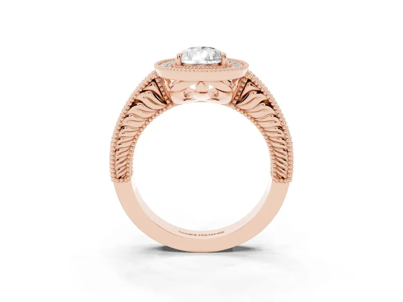 Pear-Shaped Vintage Milgrain Halo Engagement Ring Setting | Carved Leaf Detail | Rose Gold