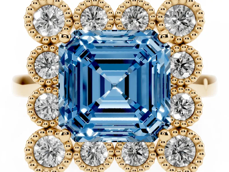 Asscher Cut Milgrain Cluster Halo Engagement Ring Setting for a Fancy Blue Lab-Grown Diamond | Plain Band | Yellow Gold