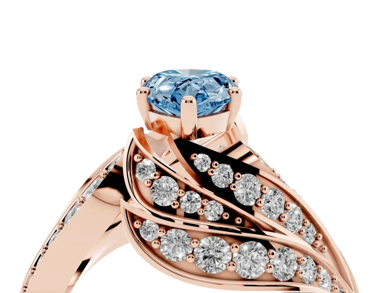 Fancy Blue Pear Cut Diamond Solitaire Ring Set in Rose gold with Layered Twist Pavé Band
