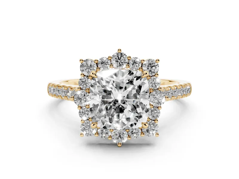 Cushion Cut Diamond Halo Ring Set in Yellow gold with Pavé Band and Prong Setting