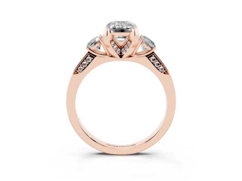 Emerald Cut Hidden Halo Three Stone Engagement Ring Setting for a Black Center | Rose Gold