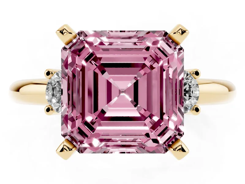Fancy Pink Three-Stone Asscher Cut Diamond Ring Set in Yellow gold with Prong Setting and Plain Band