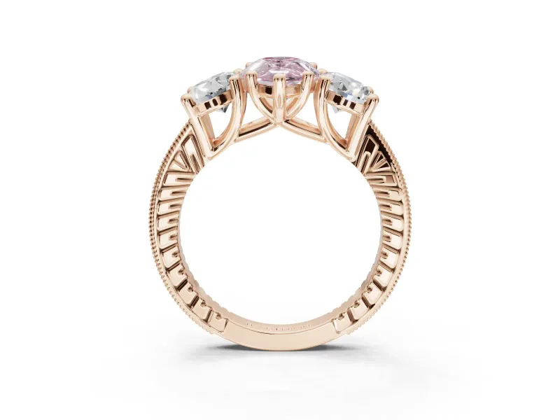 Pear-Shaped Vintage Three Stone Engagement Ring Setting for a Fancy Pink Lab-Grown Diamond | Graduated Pavé | Rose Gold