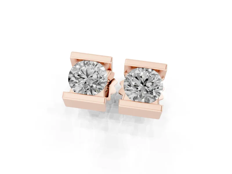 Round Lab-Grown Diamond Bar Set Solitaire Stud Earrings | Open Sides | Rose Gold