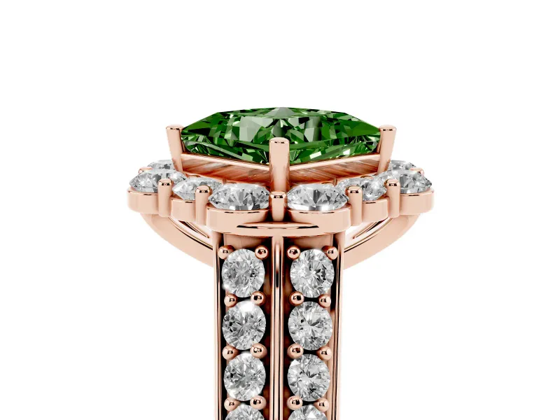 Fancy Green Princess Cut Diamond Halo Engagement Ring Set in Rose gold with Split Shank and Prong Setting