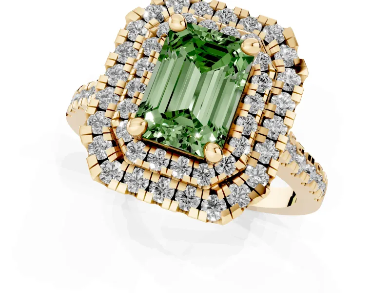 Fancy Green Emerald Cut Diamond Double Halo Statement Ring Set in Yellow gold with Pavé Band