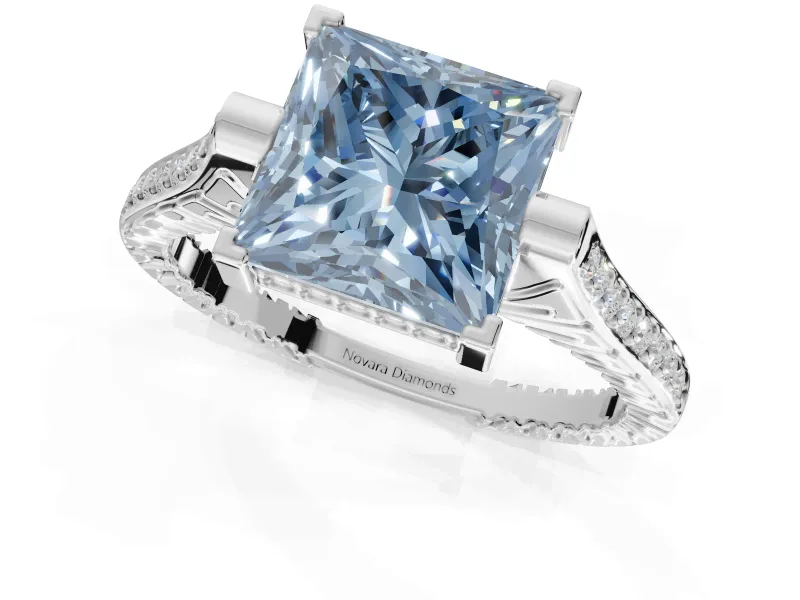 Princess Cut Vintage Cathedral Engagement Ring Setting for a Fancy Blue Lab-Grown Diamond | Carved Band | Platinum
