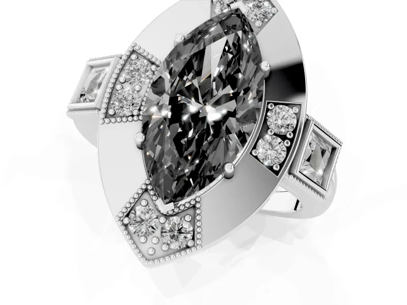 Fancy Black Marquise Cut Diamond Milgrain Halo Ring Set in Platinum with Split Shank