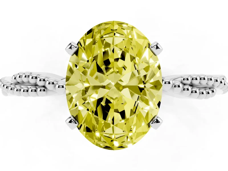 Fancy Yellow Oval Cut Diamond Solitaire Ring Set in Silver with Twisted Band and Bead Prong Setting