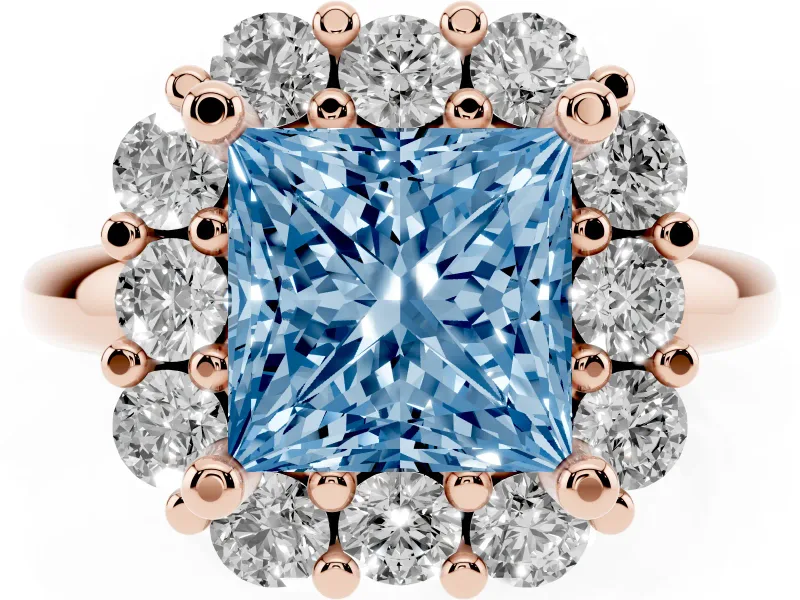 Princess Cut Cluster Halo Engagement Ring Setting for a Fancy Blue Lab-Grown Diamond | Large Round Accents | Rose Gold