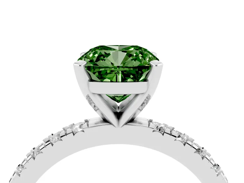 Fancy Green Cushion Cut Diamond Pavé Band Solitaire Set in Silver with Prong Setting