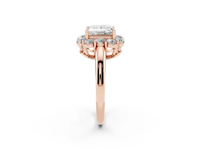 Princess Cut Milgrain Halo Engagement Ring Setting | Graduated Bezel Accents | Rose Gold