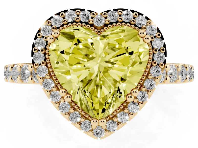 Fancy Yellow Heart Cut Diamond Halo Engagement Ring Set in Yellow gold with Milgrain Detail and Pavé Band