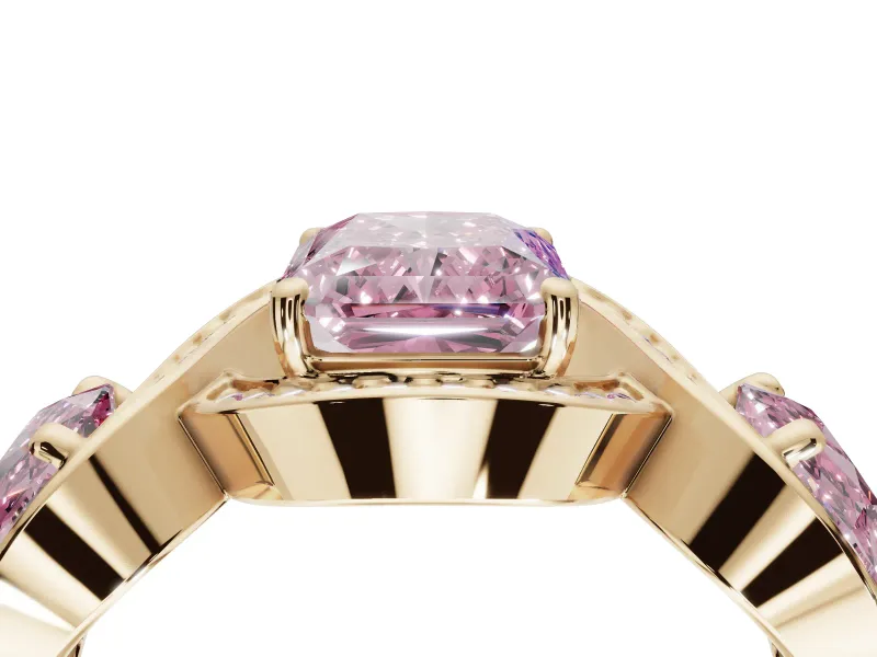 Radiant Cut Three Stone Halo Engagement Ring Setting for a Fancy Pink Lab-Grown Diamond | Pavé Wave Band | Yellow Gold