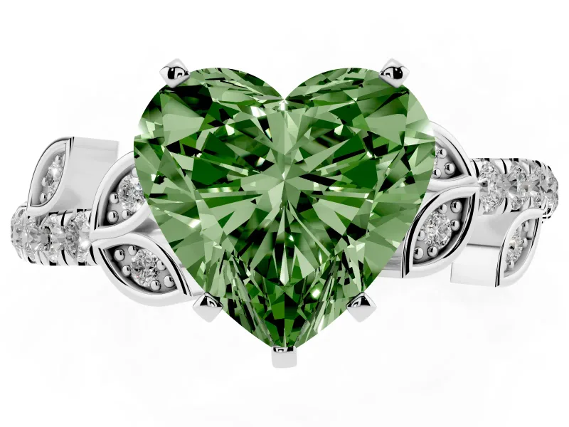 Fancy Green Heart Cut Diamond Solitaire Leaf-Inspired Ring Set in Platinum with Pavé Band and Prong Setting