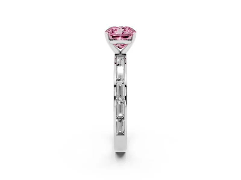 Fancy Pink Cushion Cut Diamond Solitaire Ring Set in Silver with Channel-Set Baguette Band and Prong Setting