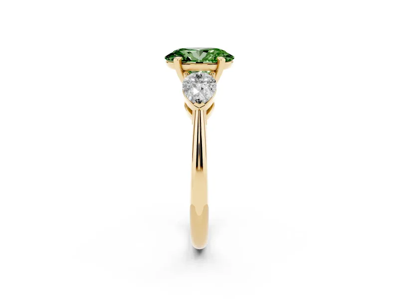 Oval Three-Stone Ring Setting for a Fancy Green Lab-Grown Diamond | Pear Side Stones | Yellow Gold