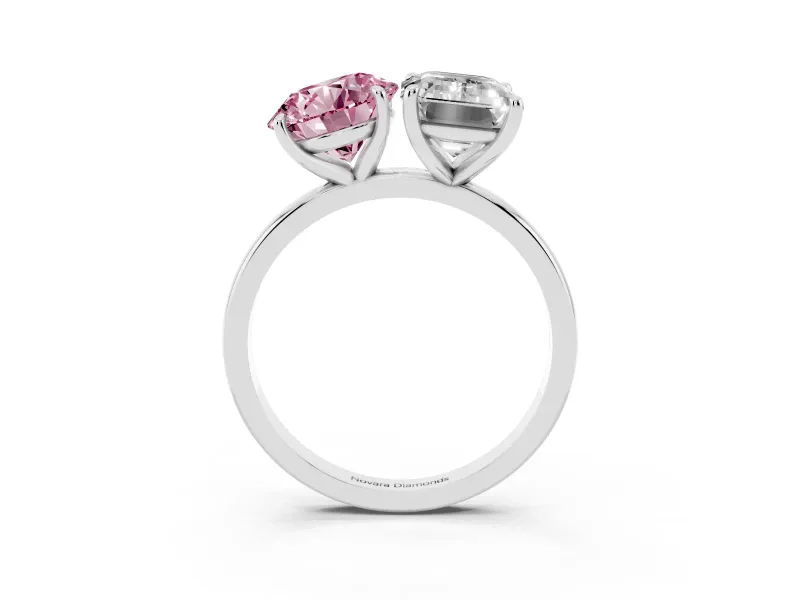 Fancy Pink Round Cut and Emerald Cut Toi Moi Ring Set in Silver with Prong Setting