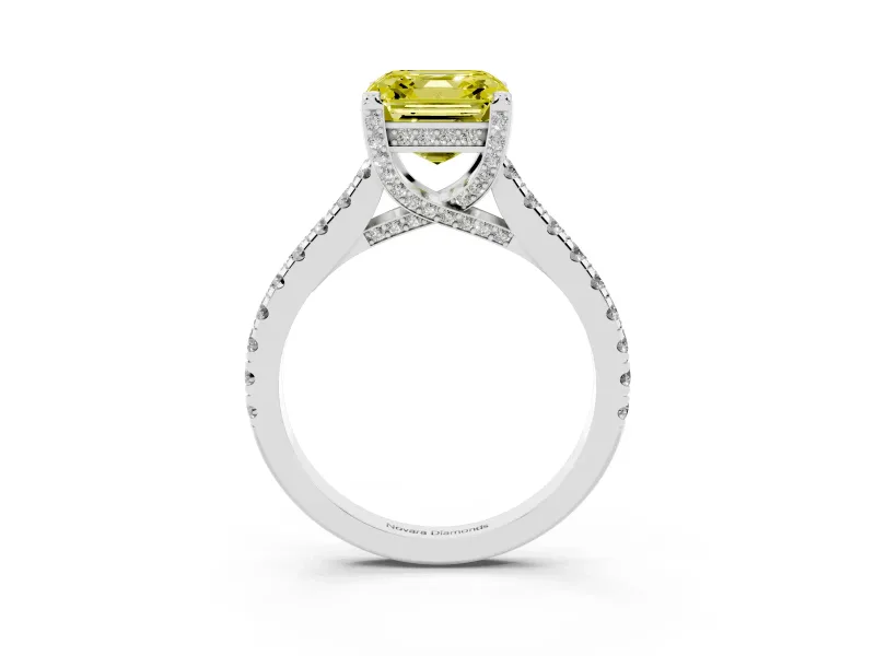 Asscher Cut Hidden Halo Pave Engagement Ring Setting for a Fancy Yellow Lab-Grown Diamond | Claw Prongs | White Gold