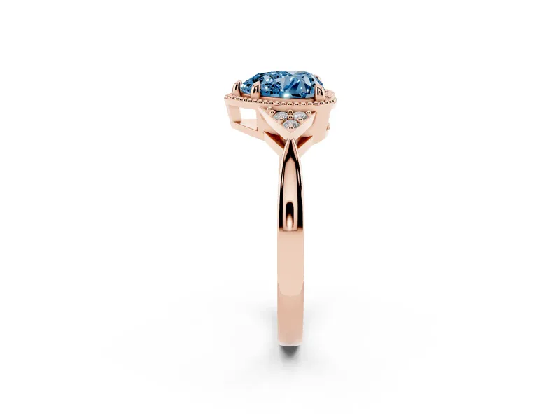 Fancy Blue Heart Cut Diamond Milgrain Solitaire Ring Set in Rose gold with Tapered Pavé Band and Prong Setting