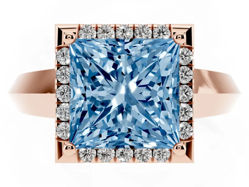Fancy Blue Princess Cut Diamond Halo Ring Set in Rose gold with Cathedral Band and Prong Setting
