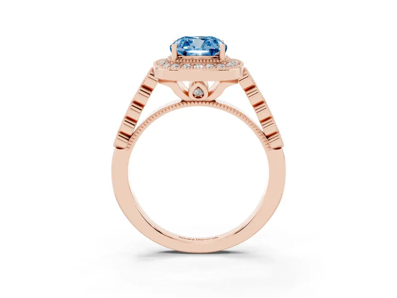 Cushion Cut Graduated Milgrain Halo Engagement Ring Setting for a Fancy Blue Lab-Grown Diamond | Rose Gold