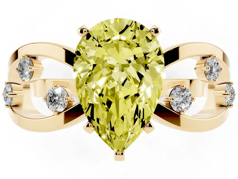 Fancy Yellow Pear Cut Diamond Solitaire Ring Set in Yellow gold with Side Stones on Criss-Cross Band and Prong Setting