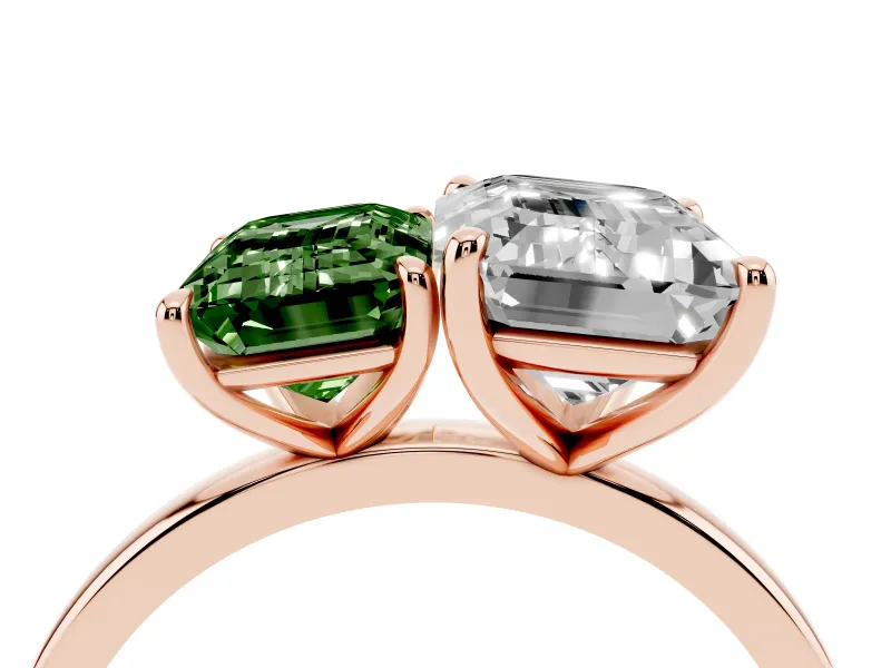 Fancy Green Emerald Cut and Emerald Cut Toi Moi Ring Set in Rose gold with Prong Setting