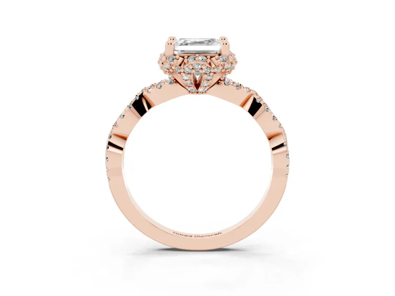 Asscher Cut Diamond Halo Twist Band Solitaire Ring Set in Rose gold with Prong-Set Center Stone