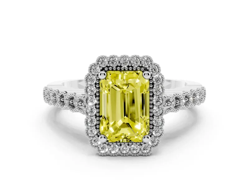 Fancy Yellow Radiant Cut Diamond Halo Ring Set in White gold with Pavé Milgrain Band